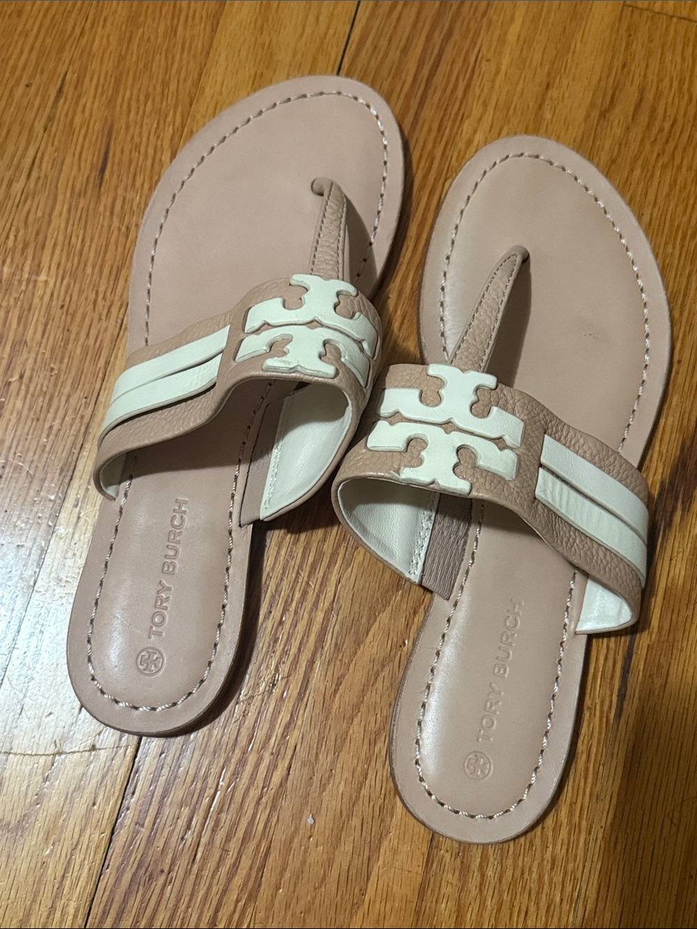 Tory Burch Taupe and White Leather Miller Thong Sandals